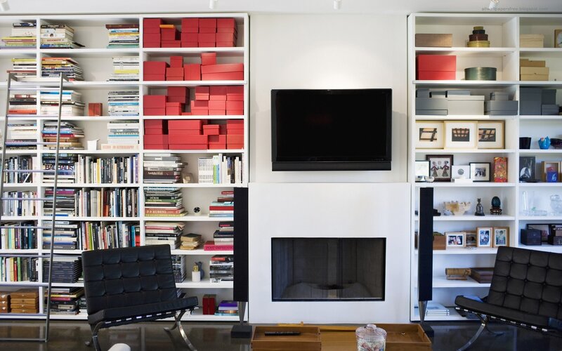 Modern living room with bookshelves