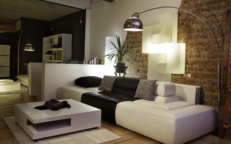 modern living room with brick wall