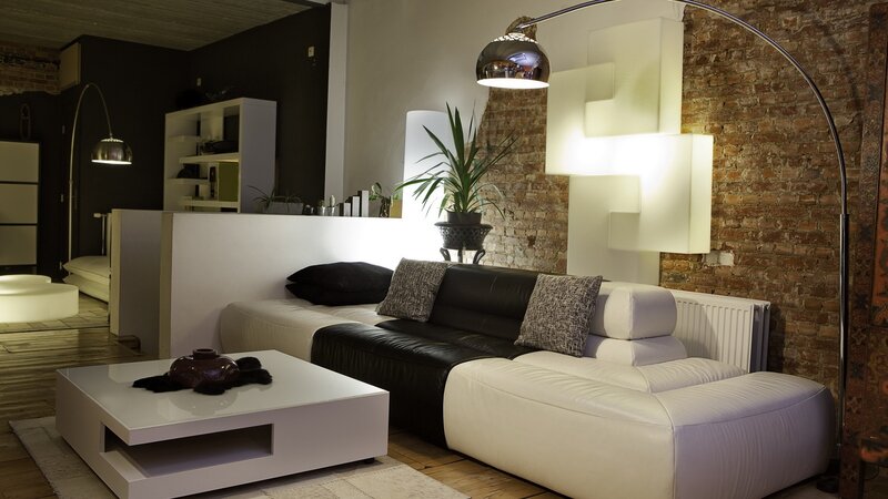 Modern living room with brick wall