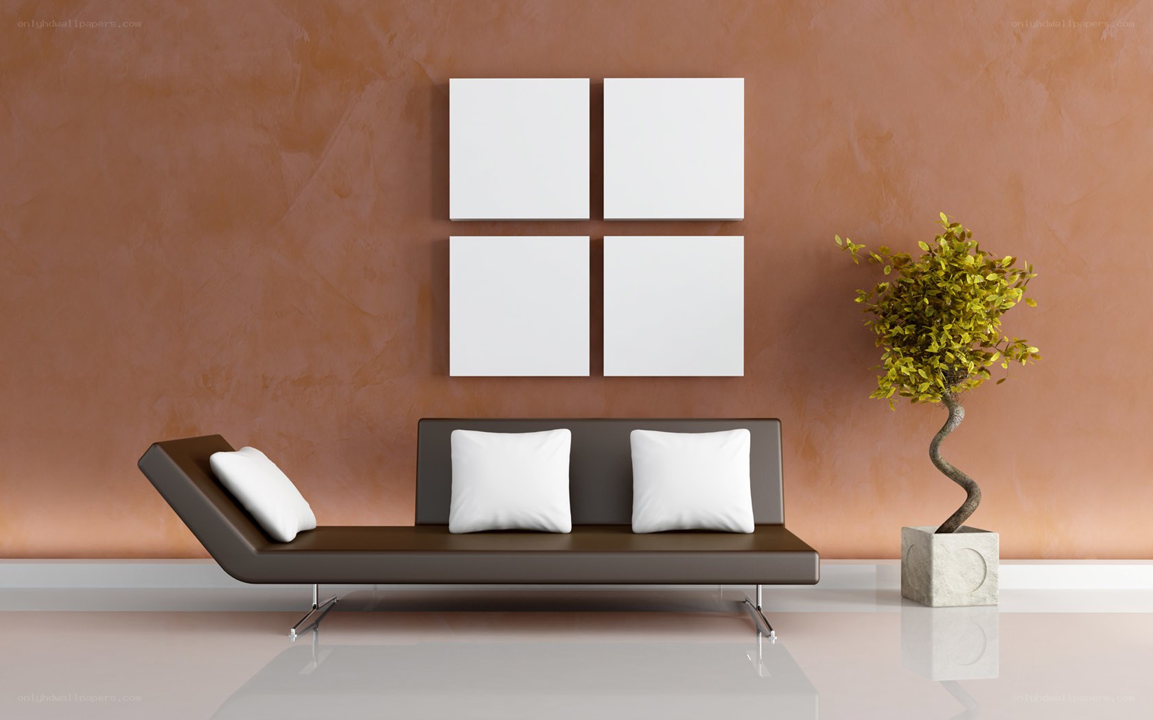 Modern living room with brown sofa