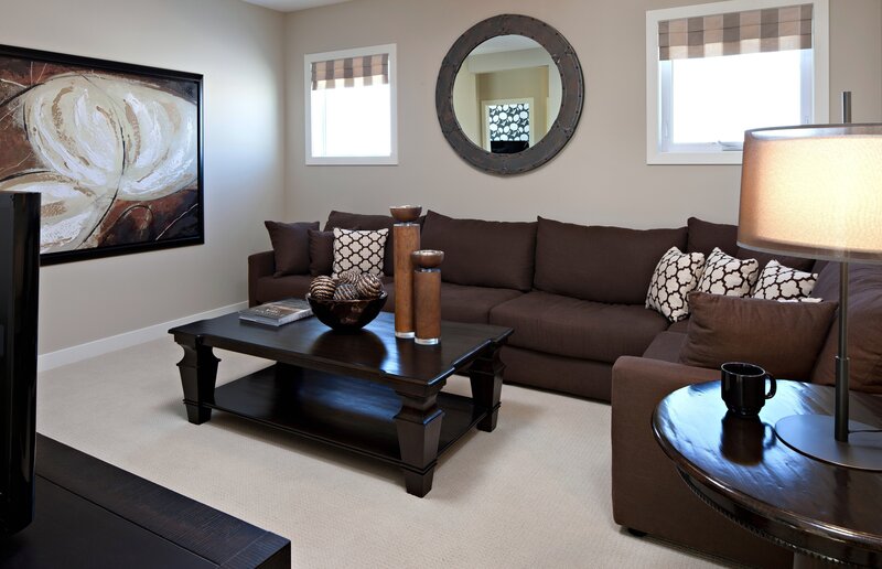 Modern living room with brown sofa