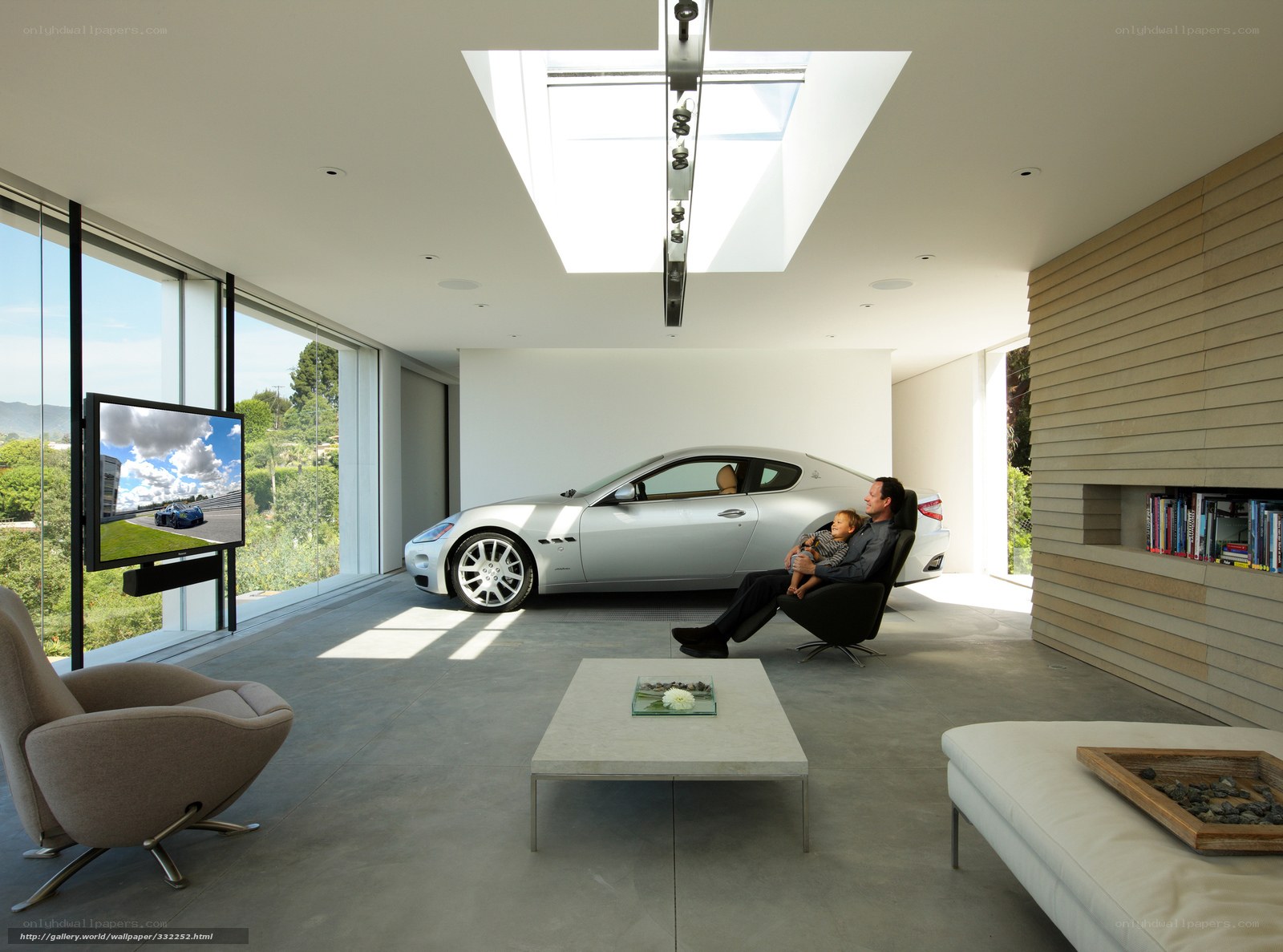 Modern living room with car and TV