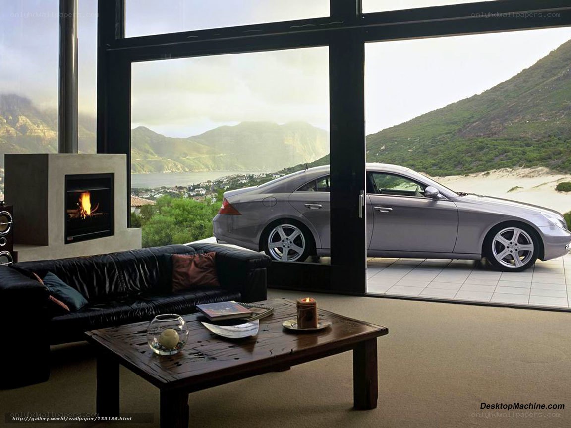 Modern living room with car view