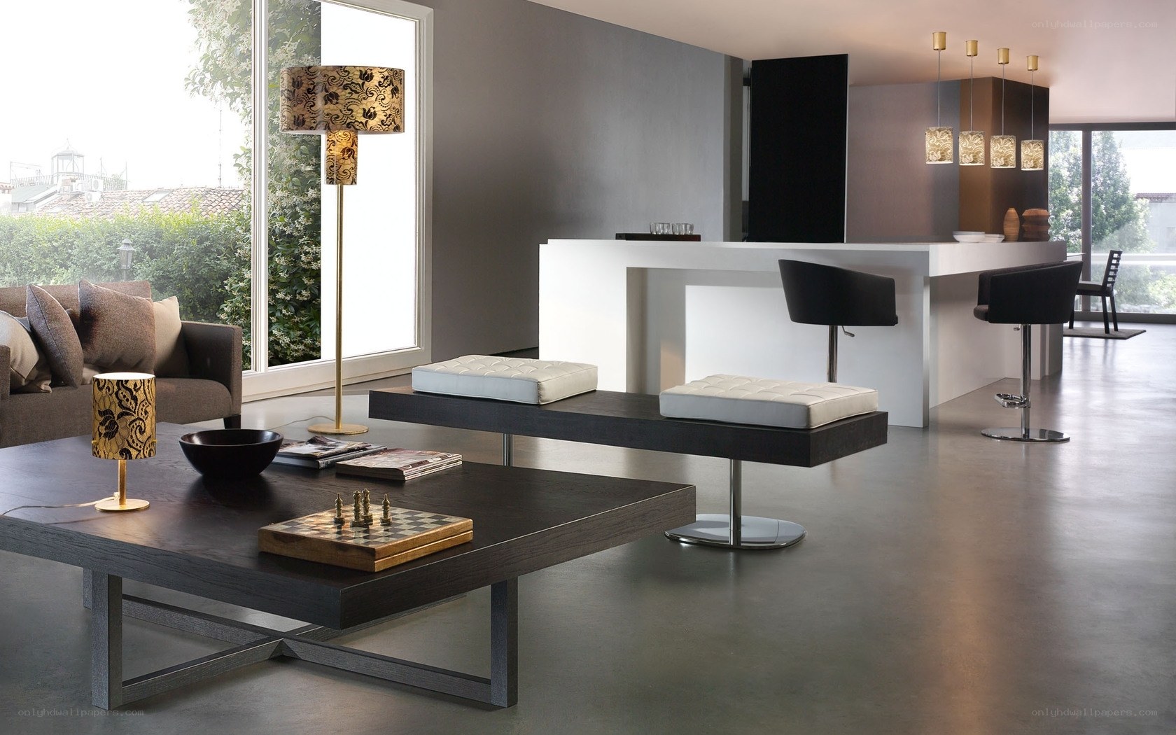 Modern living room with chess set