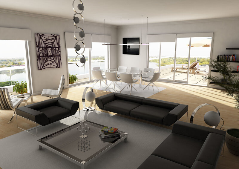Modern living room with city view
