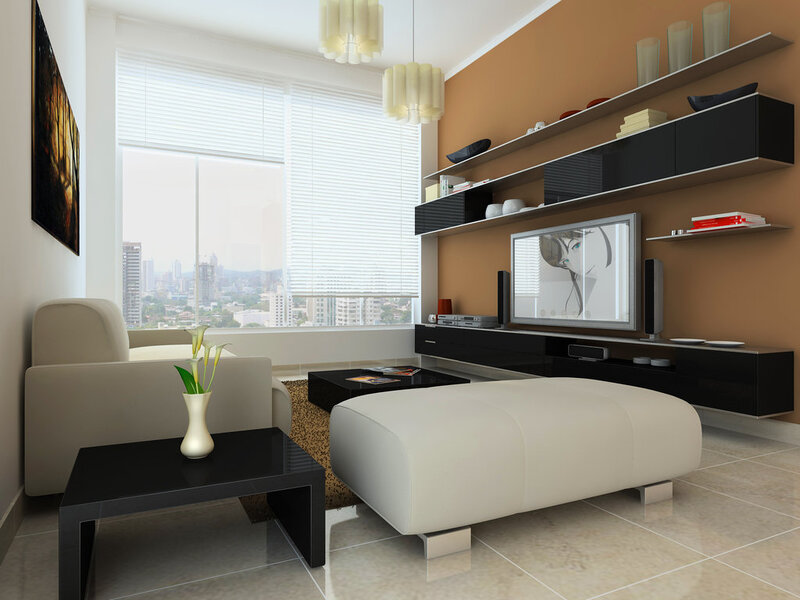 Modern living room with city view