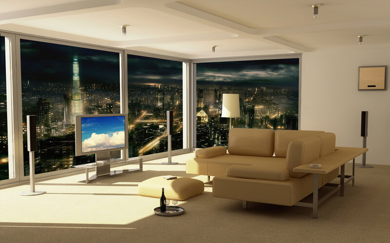 Modern living room with city view