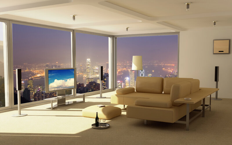 Modern living room with city view