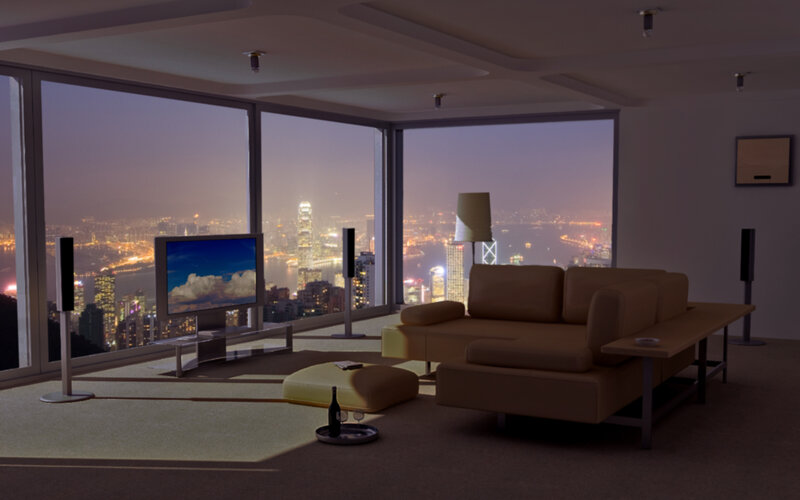 Modern living room with city view
