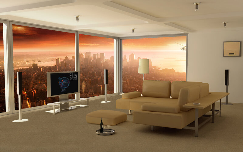 Modern living room with city view