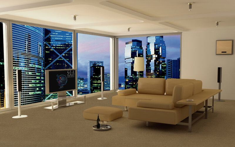 Modern living room with city view