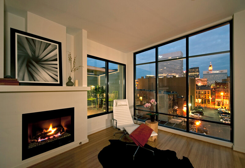 Modern living room with city view