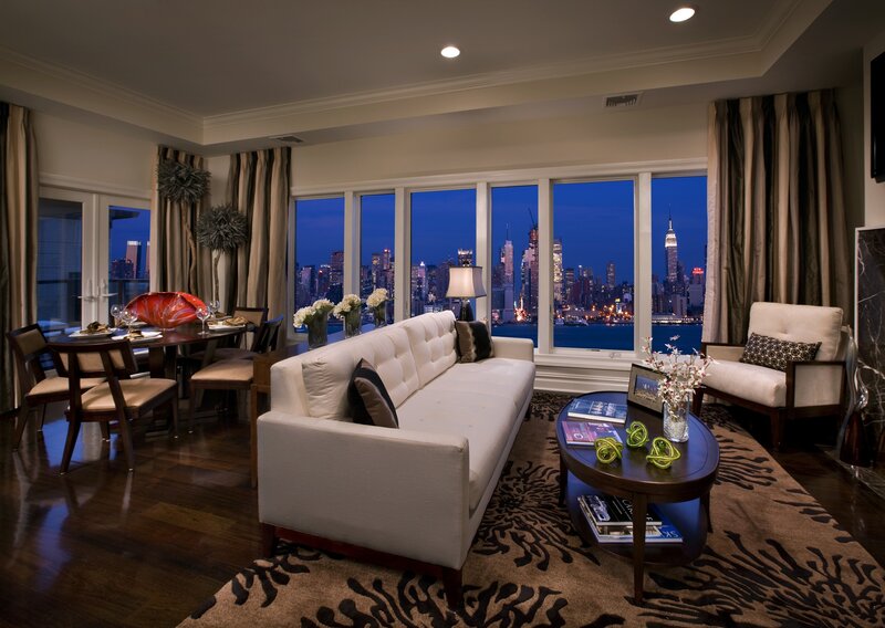 Modern living room with city view