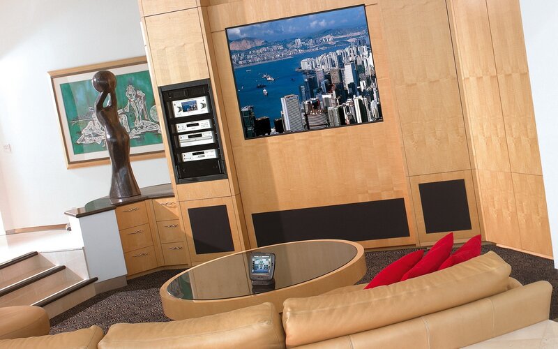 Modern living room with city view