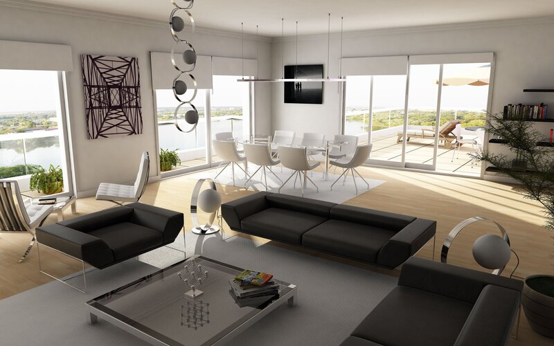 Modern living room with city view