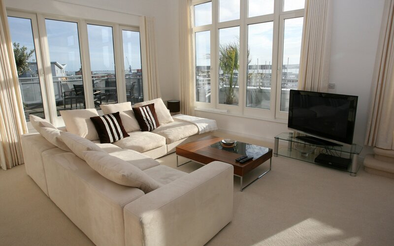 Modern living room with city view