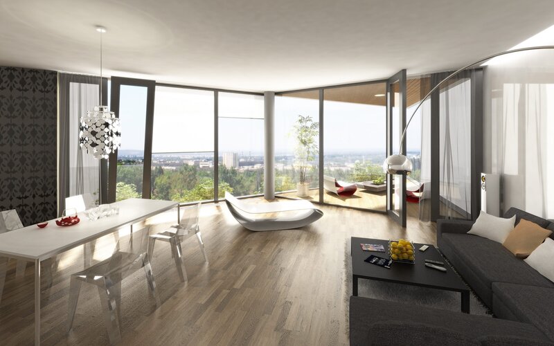 Modern living room with city view
