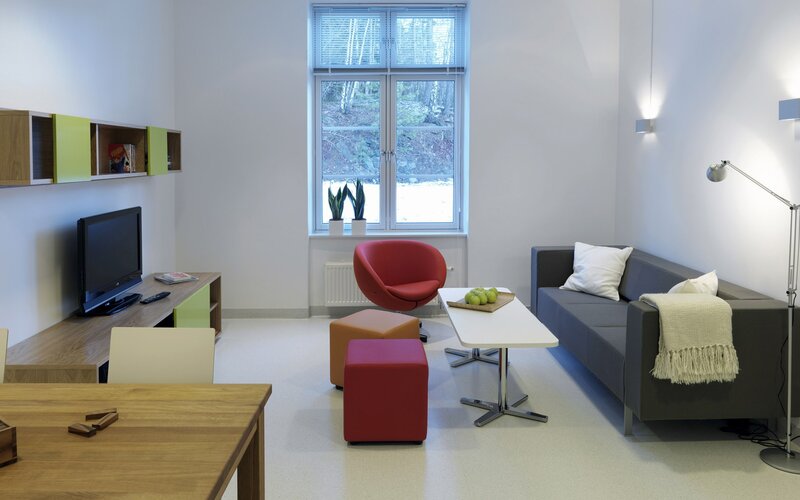 Modern living room with colorful furniture
