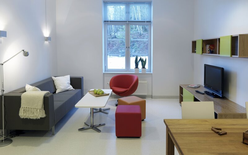 Modern living room with colorful furniture