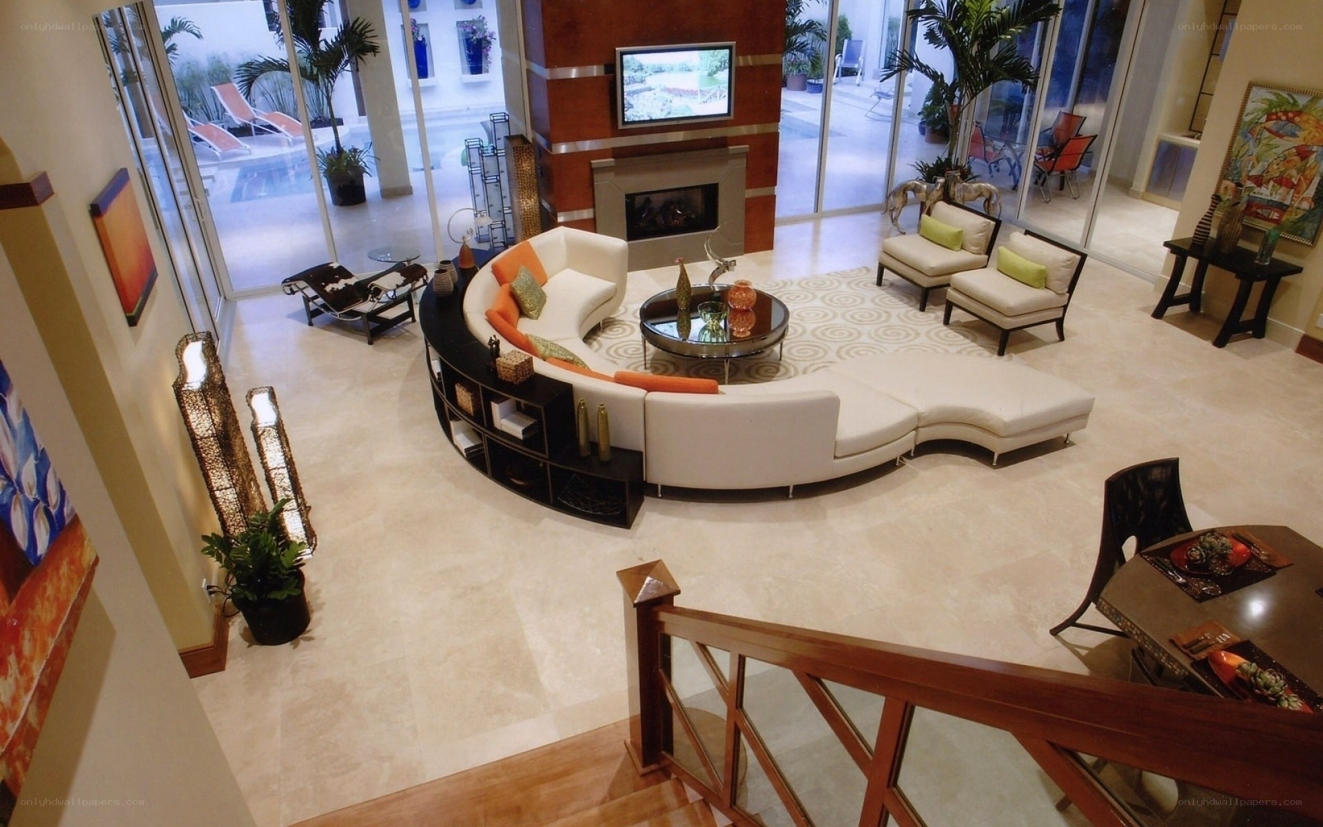 Modern living room with curved sofa