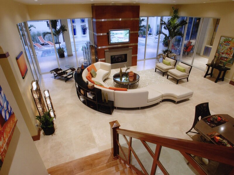 Modern living room with curved sofa