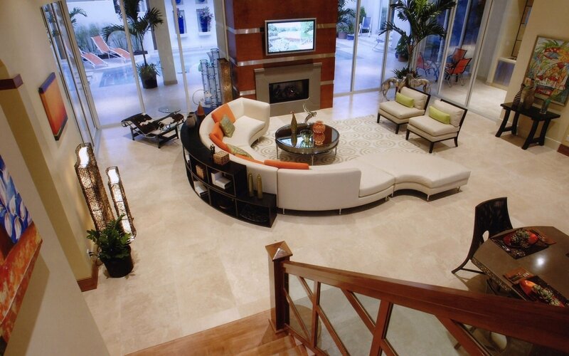 Modern living room with curved sofa