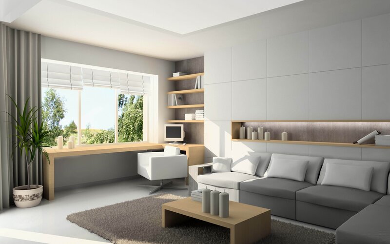 Modern living room with desk area