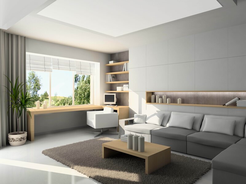 Modern living room with desk area