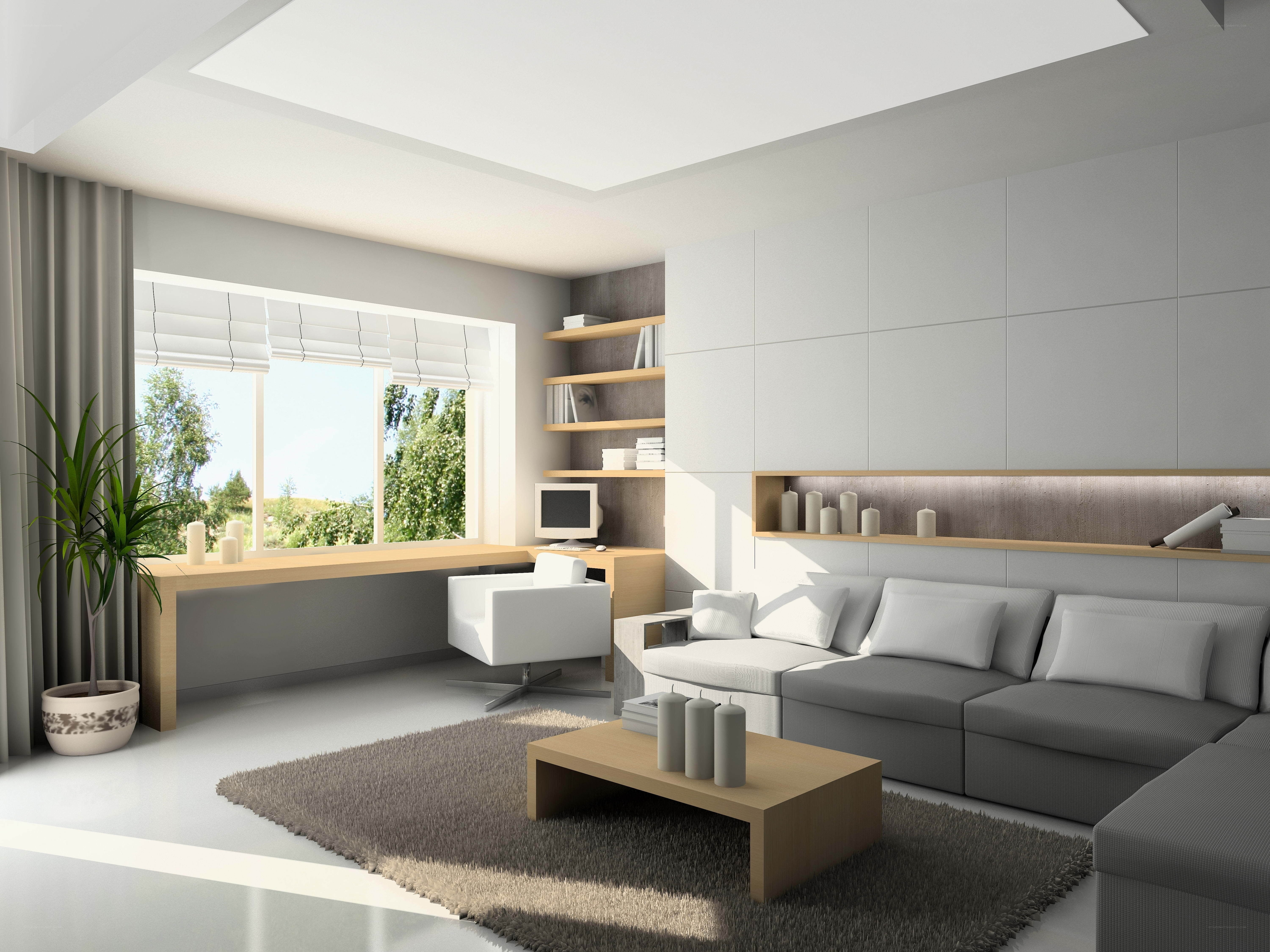 Modern living room with desk area