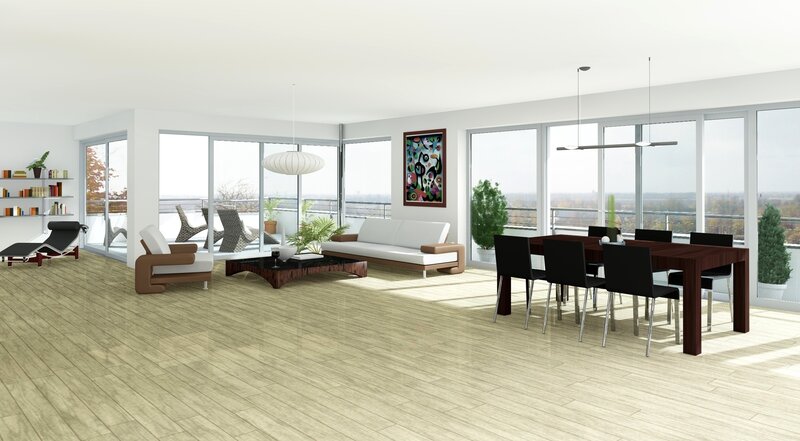 Modern living room with dining area