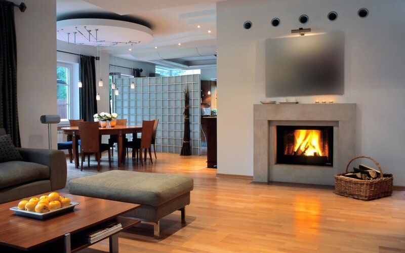 Modern living room with fireplace