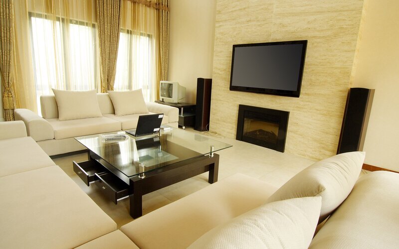 Modern living room with fireplace