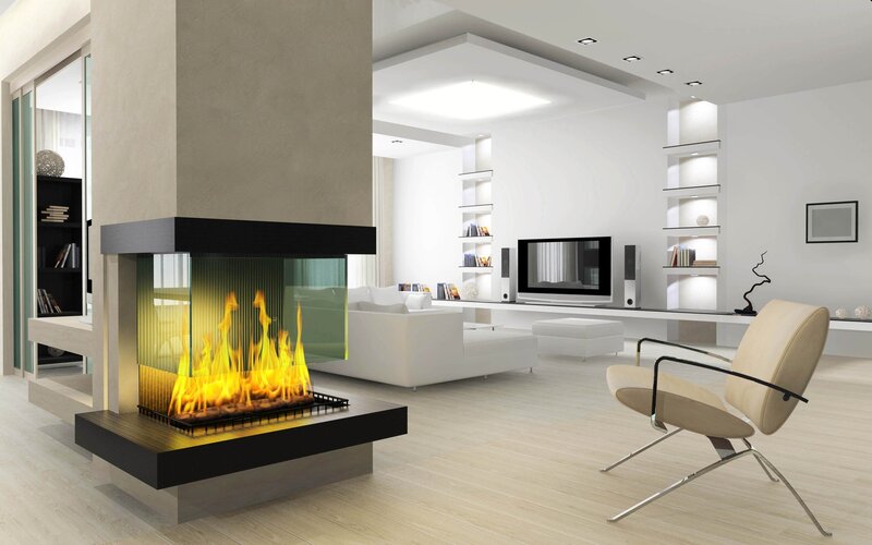 Modern living room with fireplace