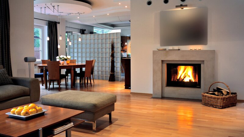 Modern living room with fireplace