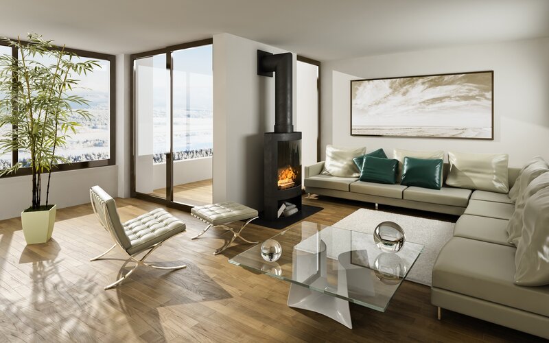Modern living room with fireplace