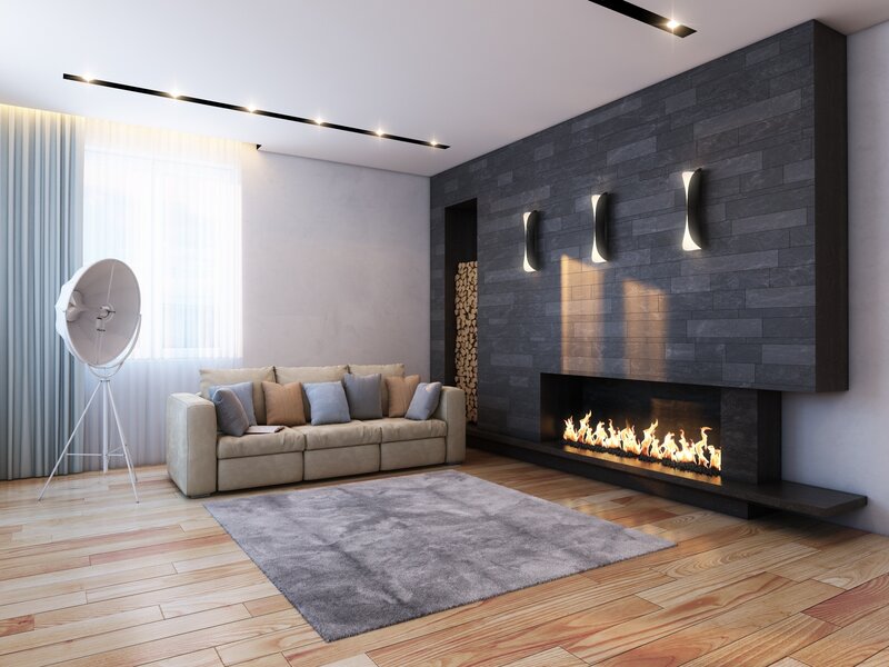 Modern living room with fireplace