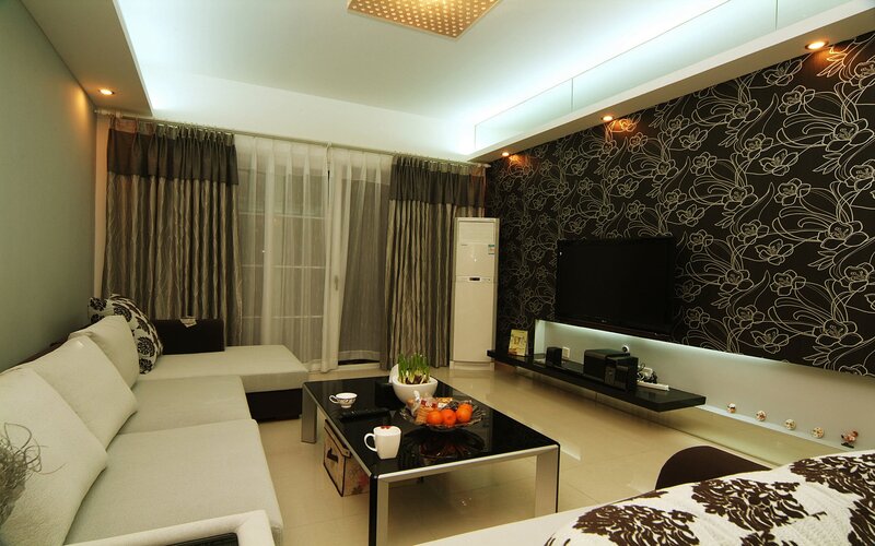 modern living room with floral wall
