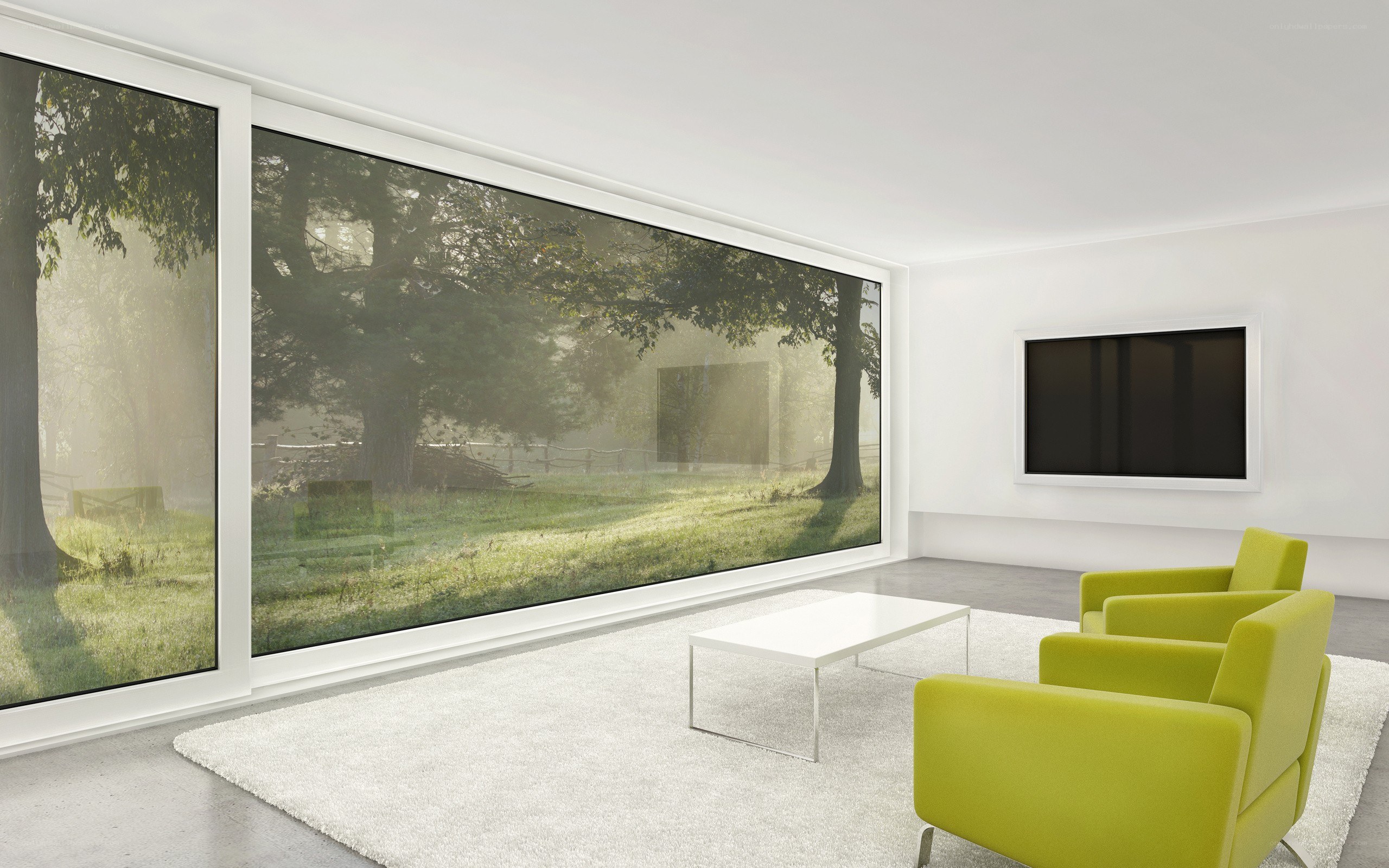Modern living room with forest view