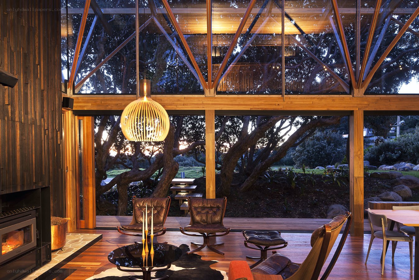Modern living room with forest view
