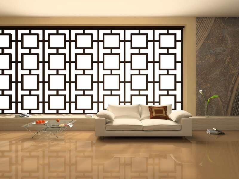 modern living room with geometric screen