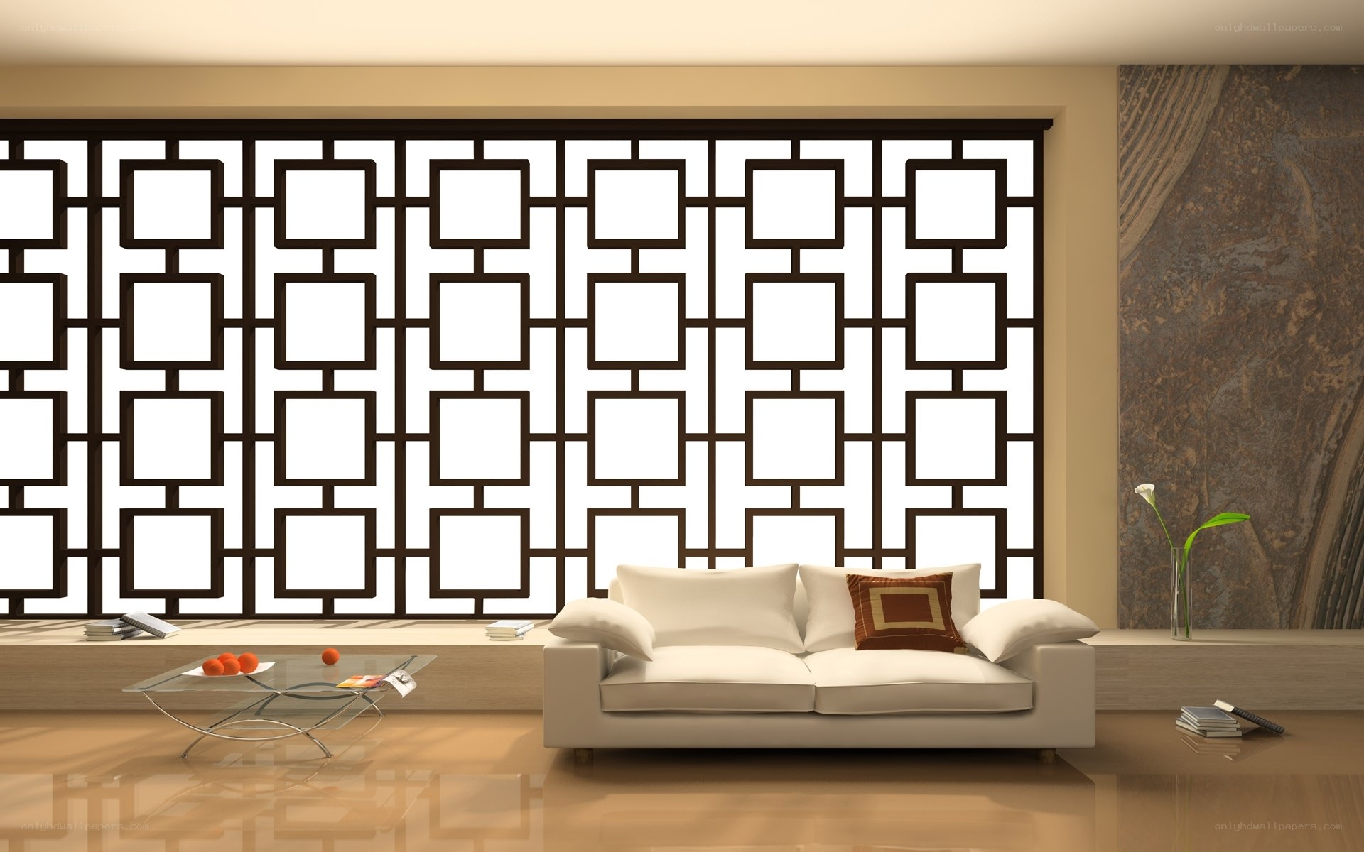 Modern living room with geometric screen