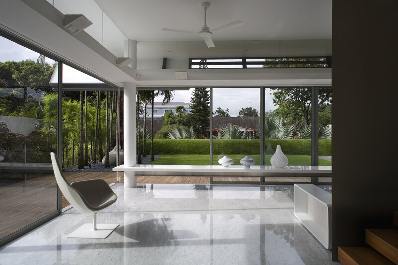 Modern living room with glass walls