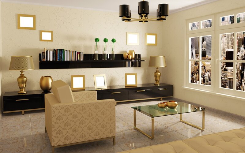 Modern living room with gold accents