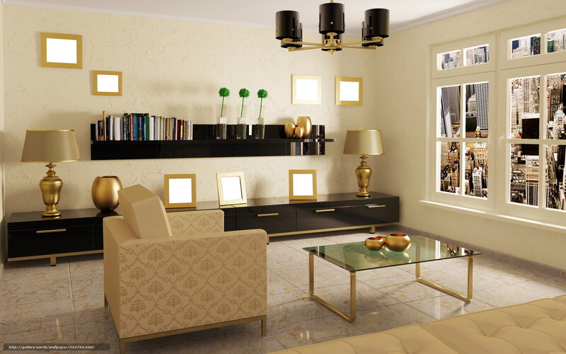 Modern living room with gold accents