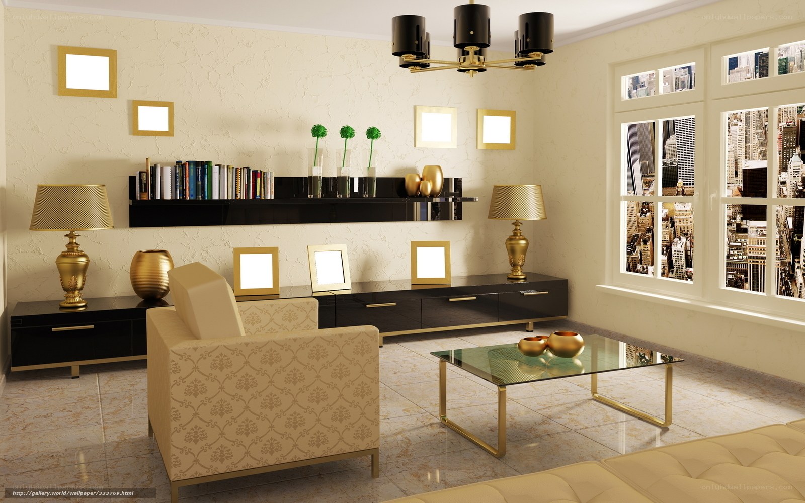 Modern living room with gold accents