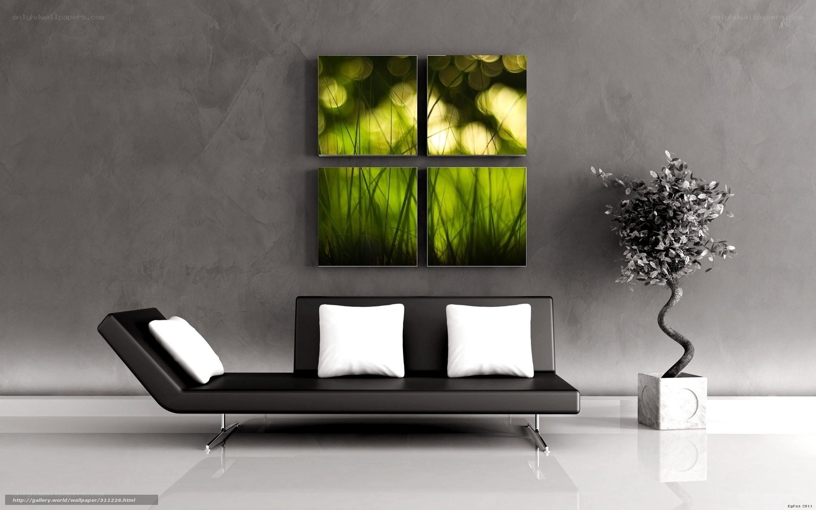 Modern living room with green art