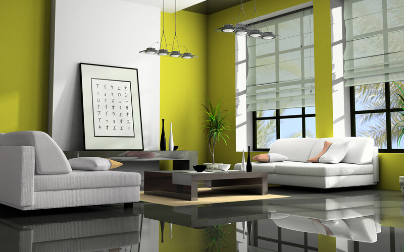 Modern living room with green walls
