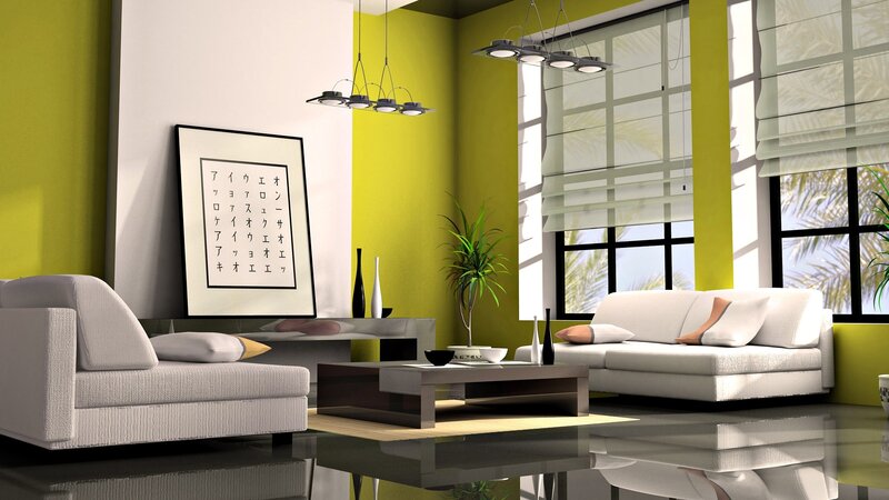 modern living room with green walls