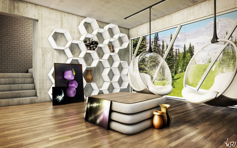 Modern living room with hanging chairs