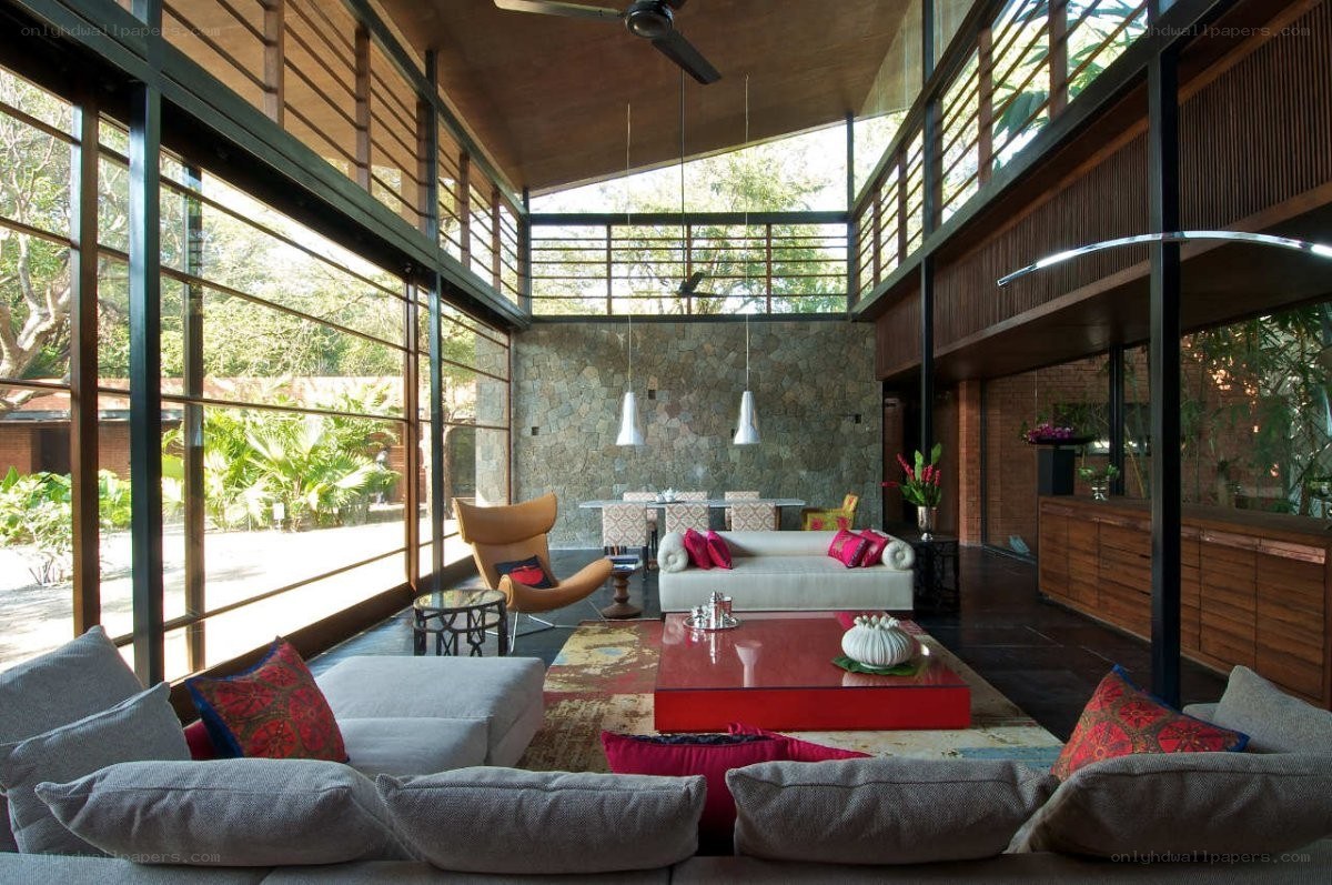 Modern living room with high ceiling